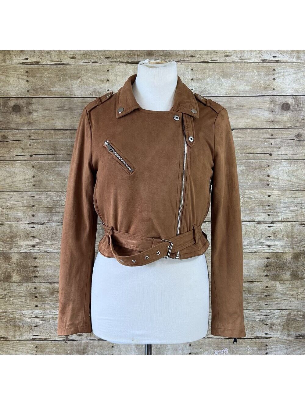 Women's Cropped Moto Jacket Brown Faux Suede Belted Waist Medium